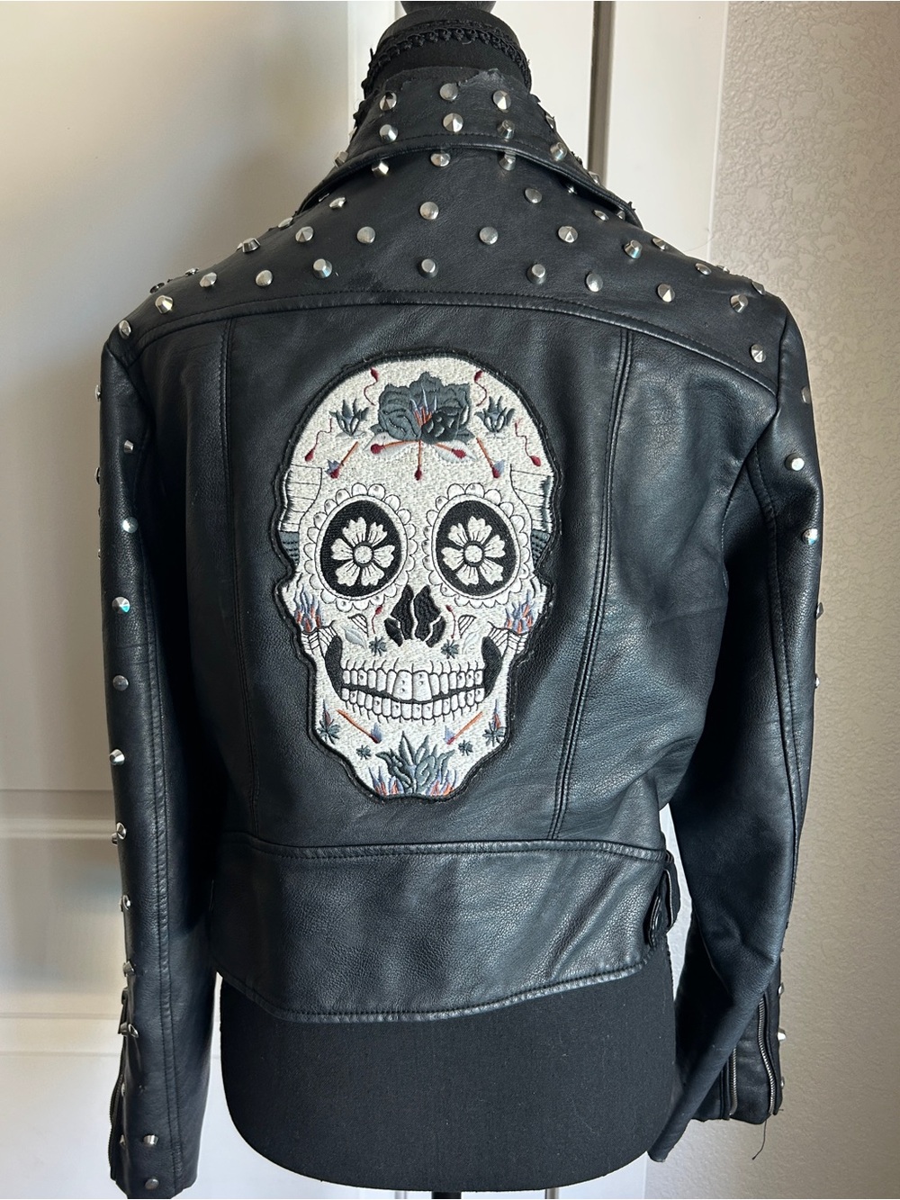 Zara Black Studded Leather Jacket with Embroidered Sugar Skull Back - Picture 3 of 7